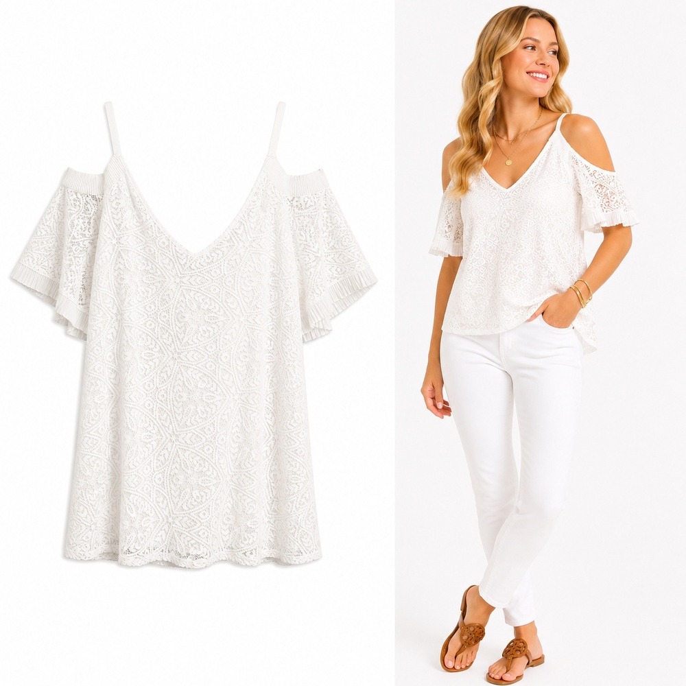 White House Black Market Top Women M White Lace Cold Shoulder Pleated Flutter